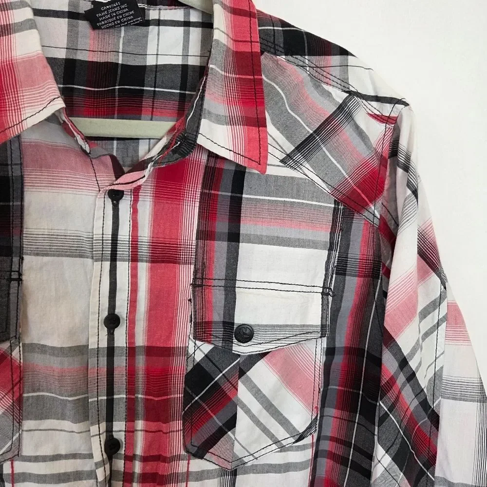 No Fear Men's Pearl Snap Button Up Shirt Western Rodeo 90s Country Red Plaid L